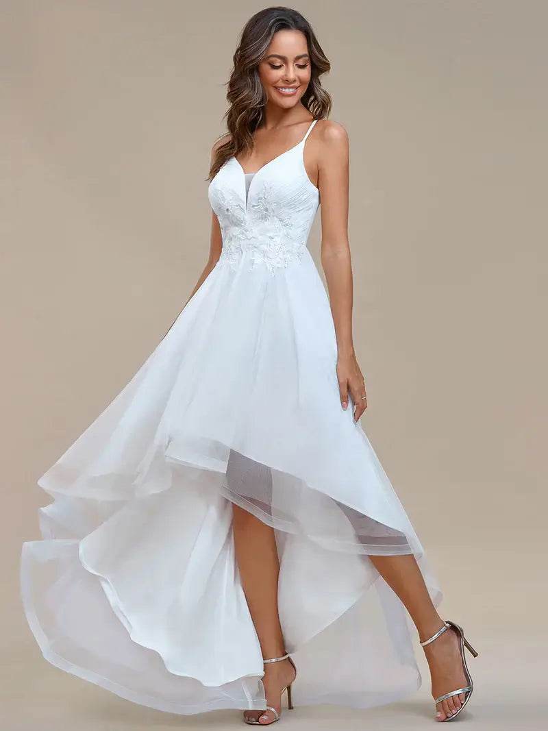 High-Low Wedding Dress with Floral Appliques – Modern Gown - Biamonde